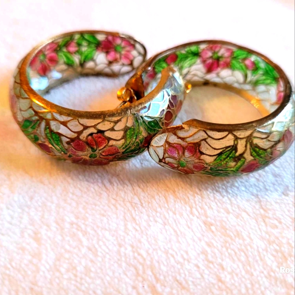 Vintage Chinese Plique A Jour  enamel stained glass Cloisonne hoop earrings